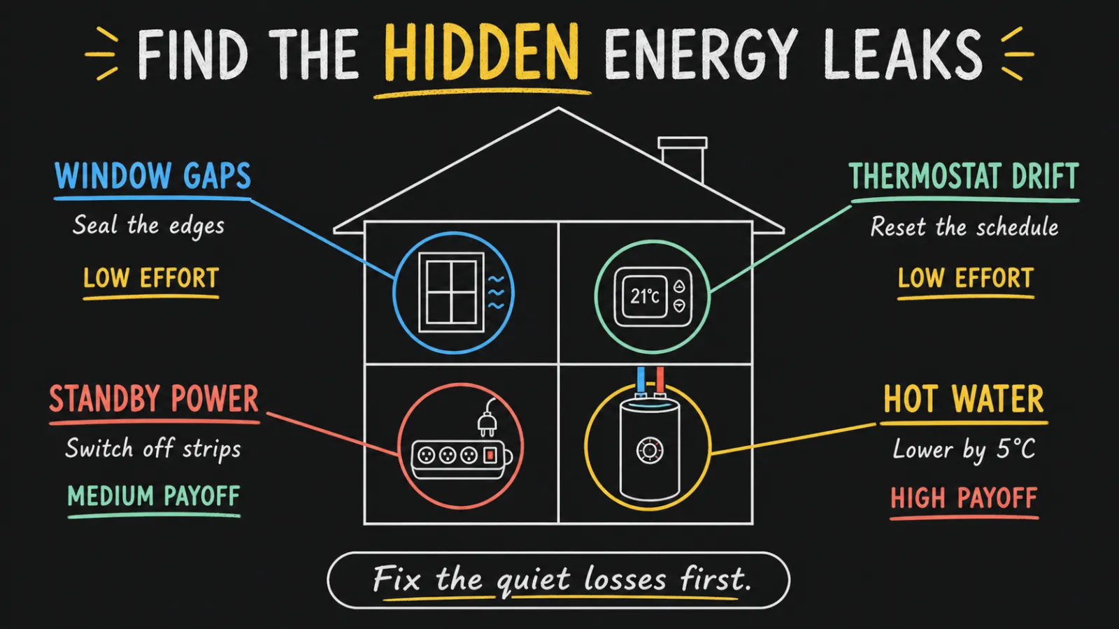 A house cutaway with four energy-saving callouts