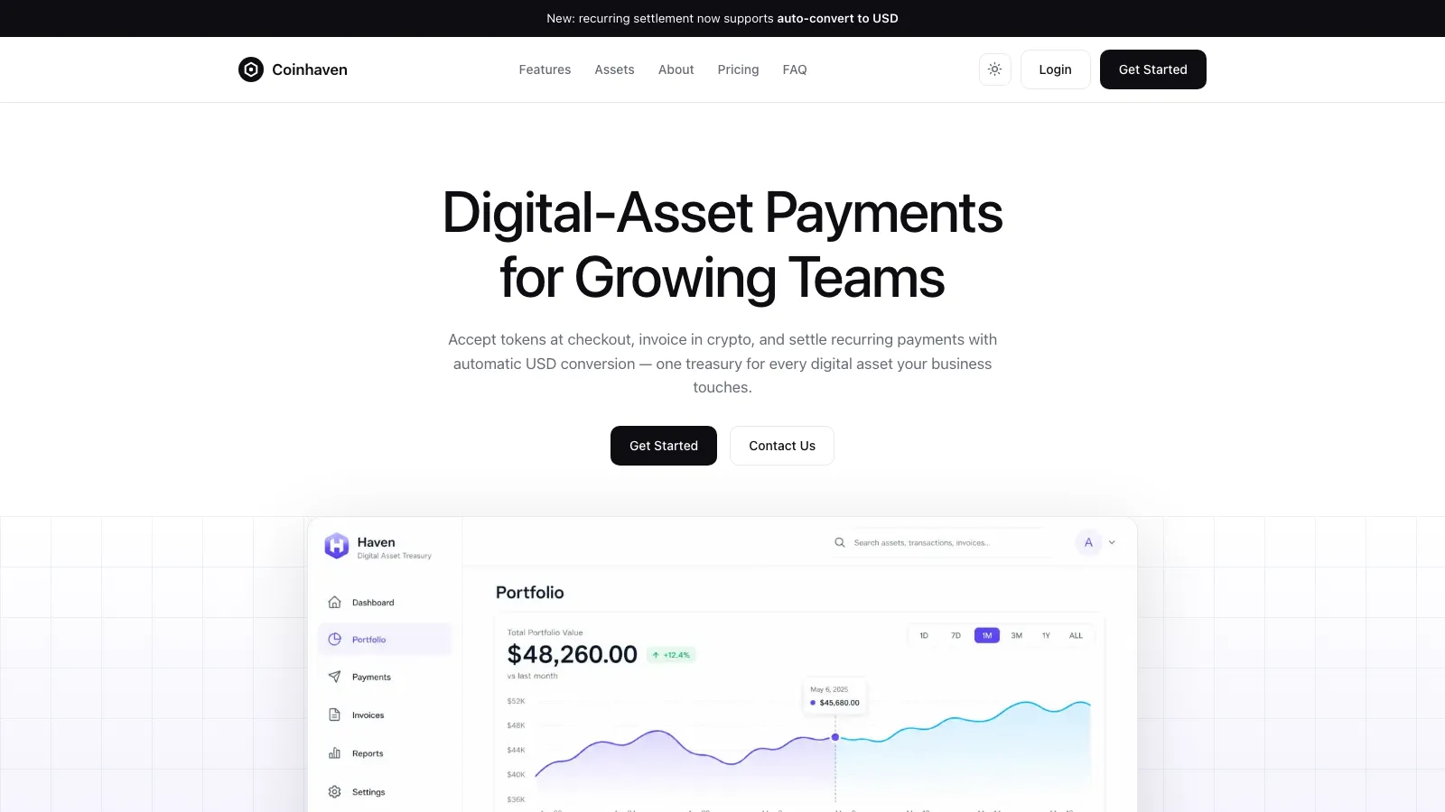 Coinhaven hero with treasury dashboard
