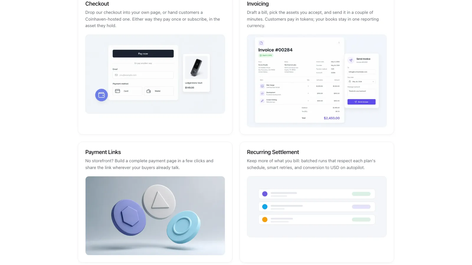 Feature cards with checkout and invoicing mockups