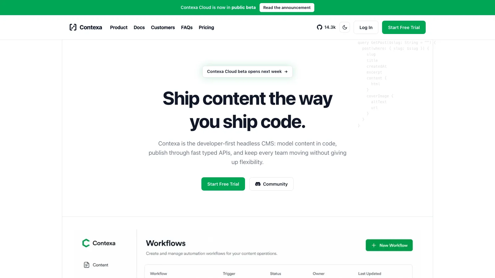 Contexa hero with GraphQL decoration and CMS dashboard shot