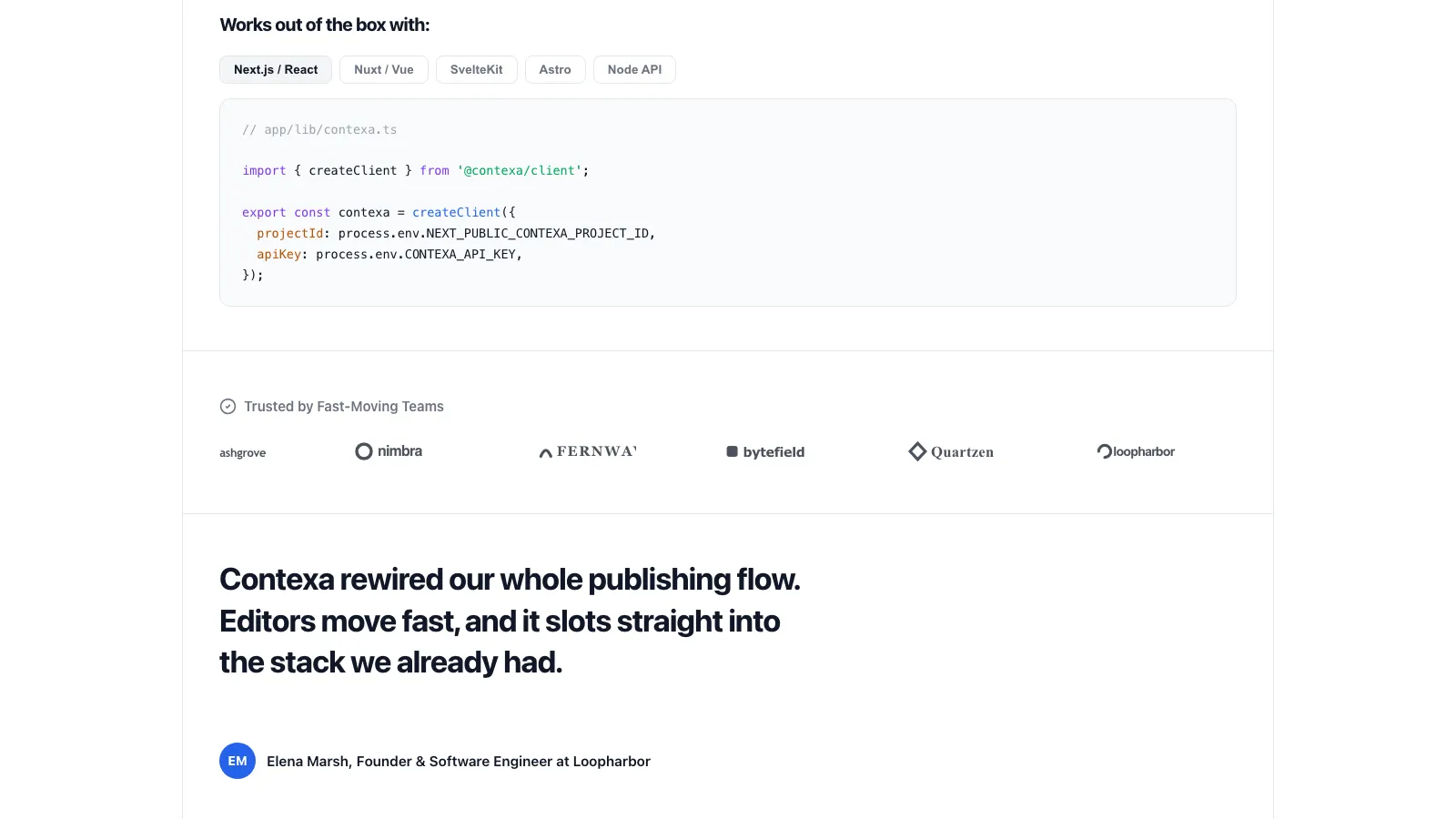 Framework quickstart tabs, logo marquee, and full-width quote