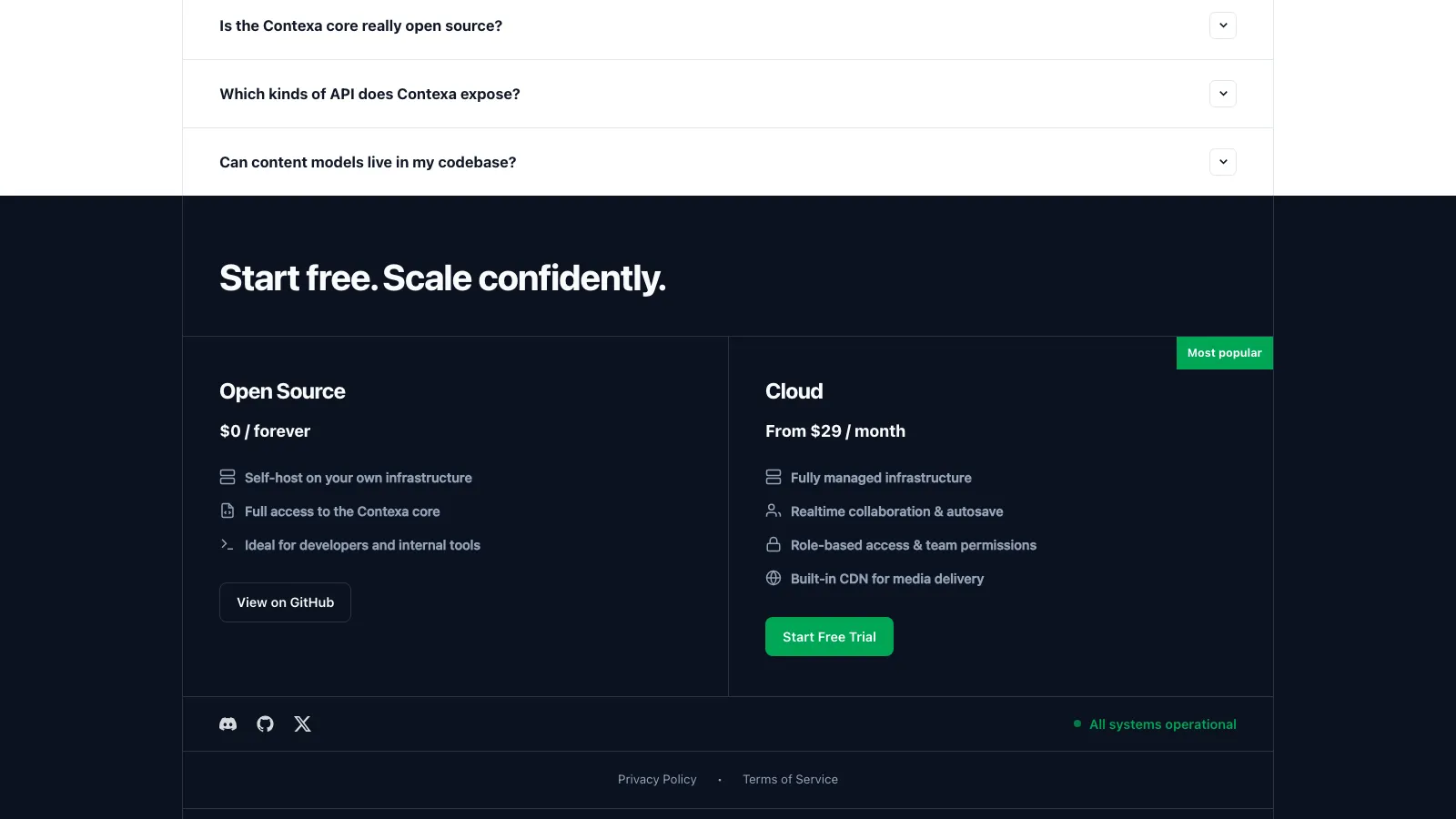 FAQ accordion and inverted footer with plan cards