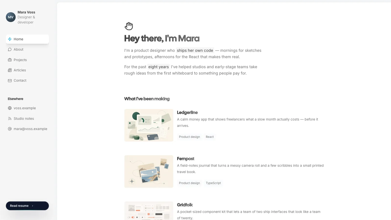 Home view with sidebar, greeting, and selected work