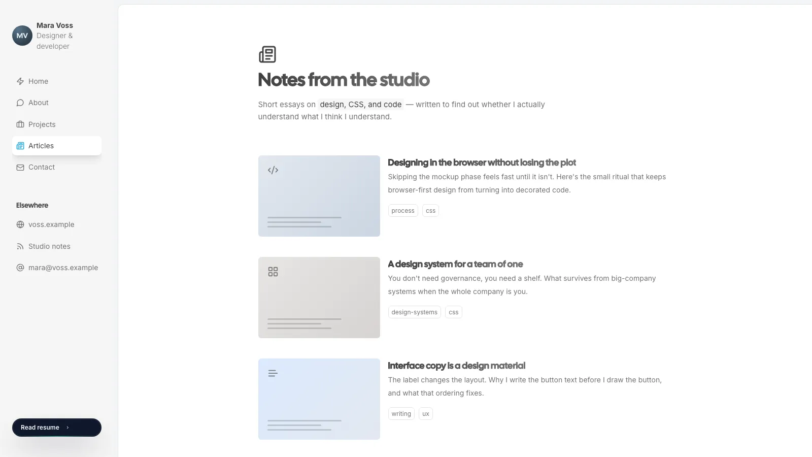 Articles index with CSS cover tiles and tags