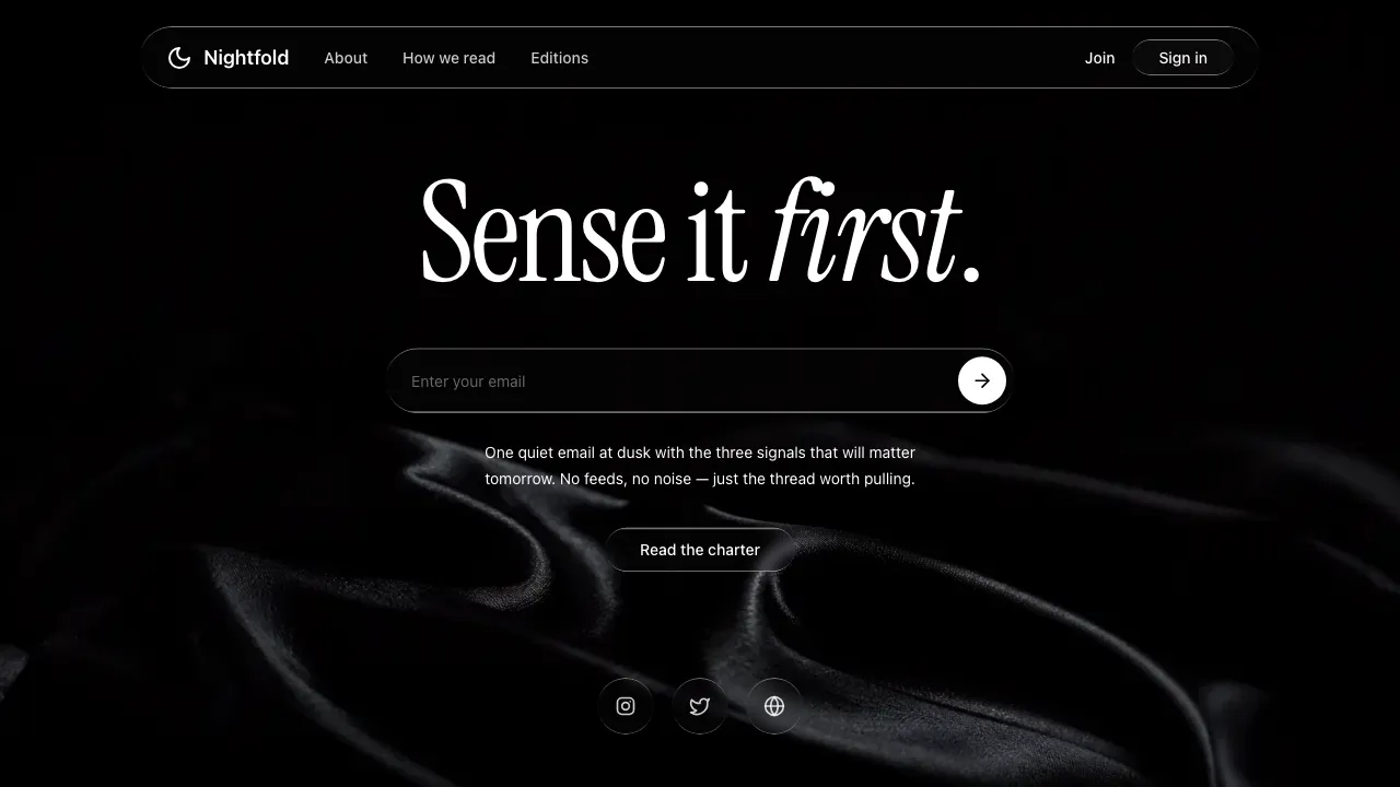 Dark hero with a glass nav, serif headline and an email form