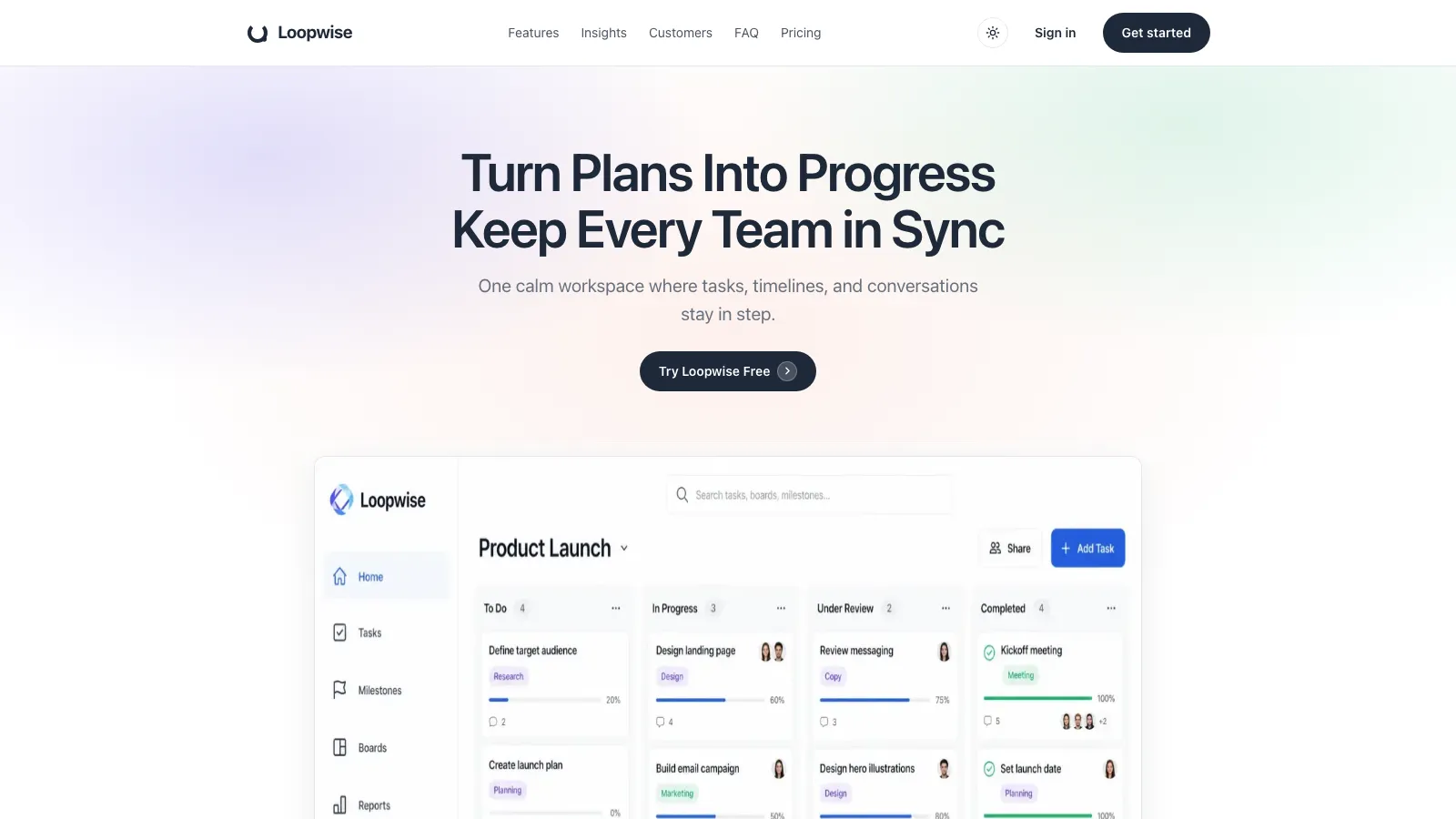 Loopwise hero with animated dashboard screenshot