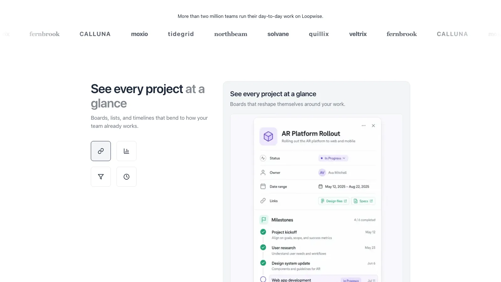 Workflow carousel with icon buttons and project detail card