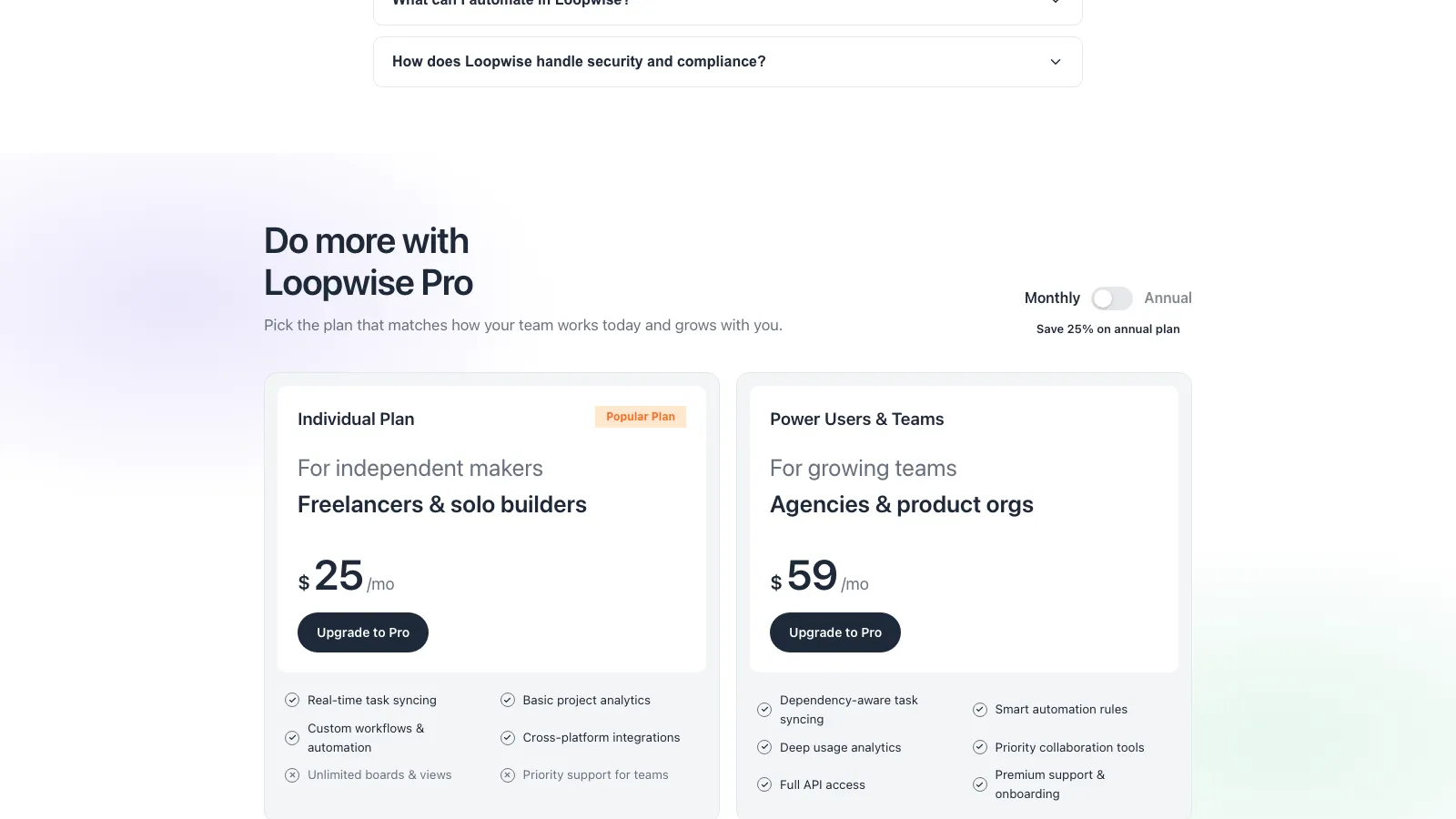 Pricing cards with monthly-annual switch on gradient band