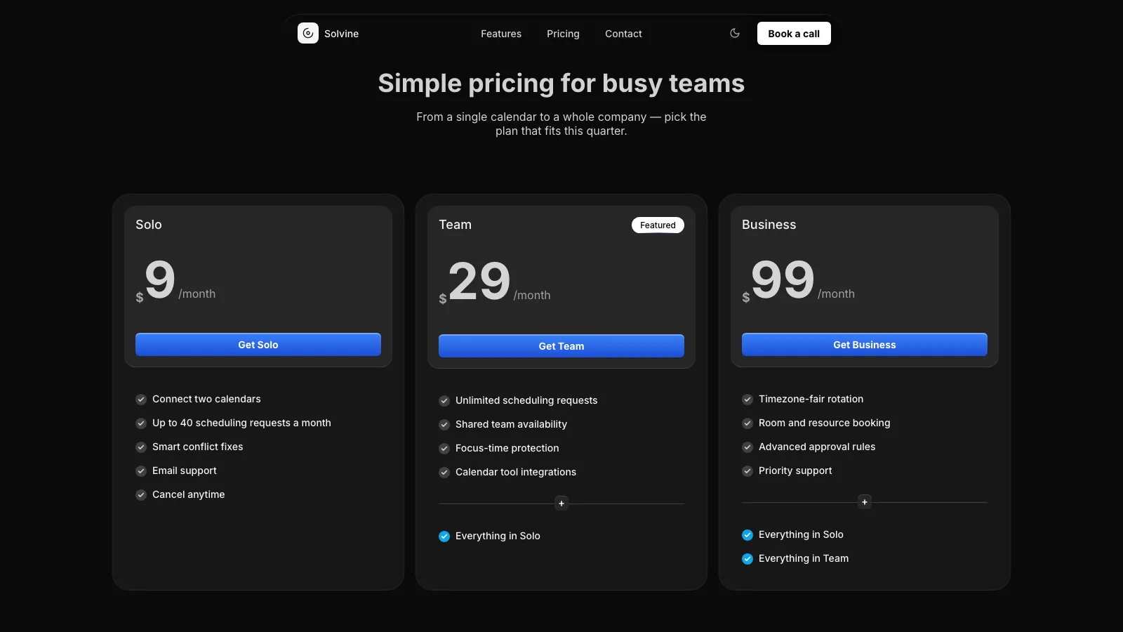 The pricing section in dark mode