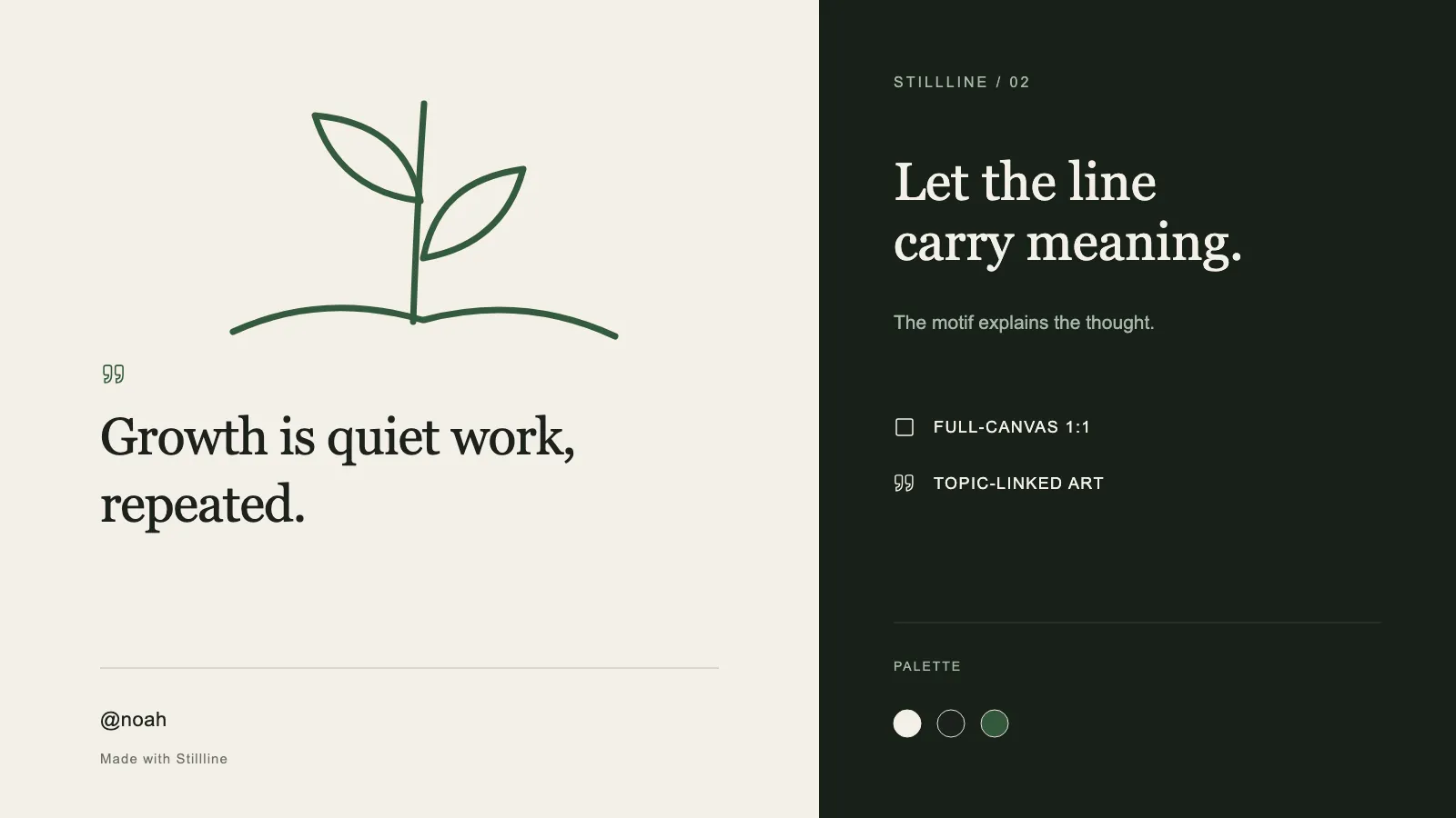 A forest-accent growth card with a sprouting continuous line