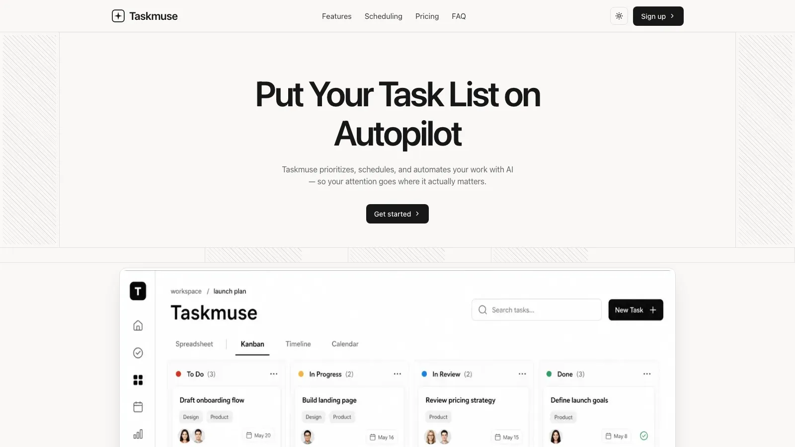 Taskmuse hero with kanban-board screenshot
