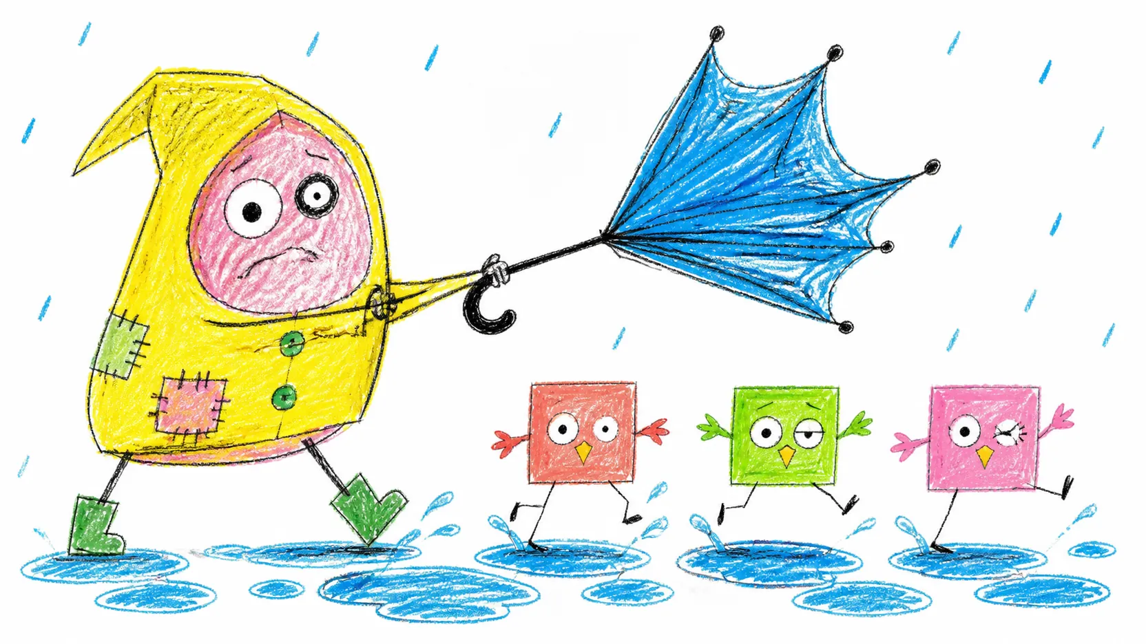 A raincoat creature wrestling an inside-out umbrella beside square birds