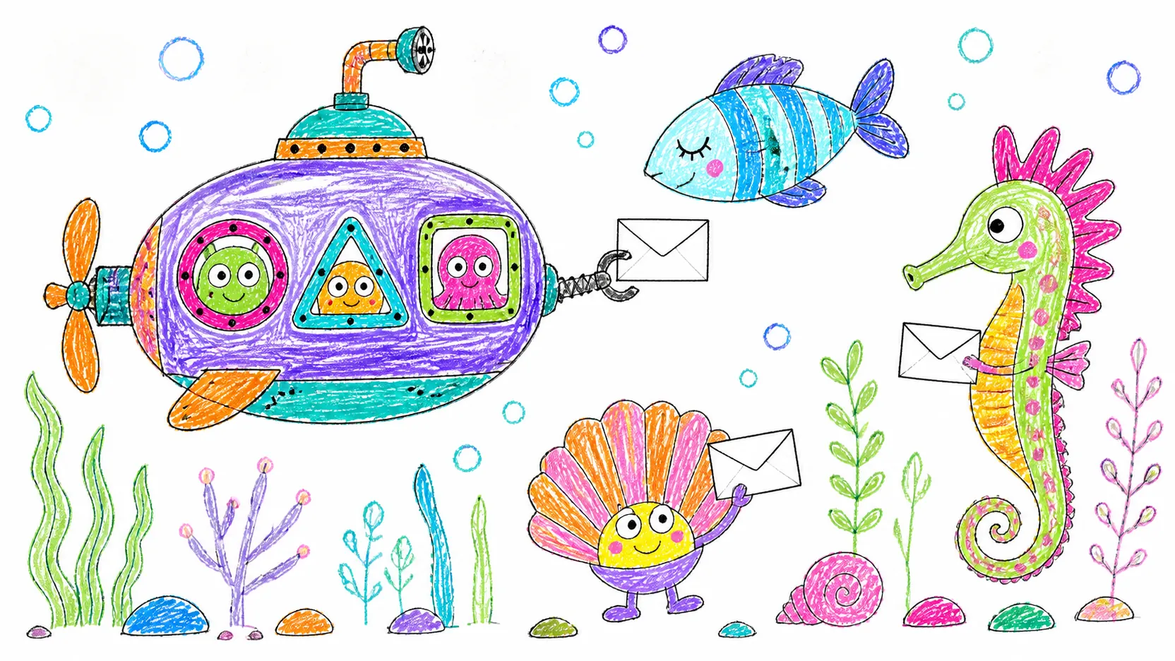 A round submarine delivering blank envelopes to imaginary sea creatures